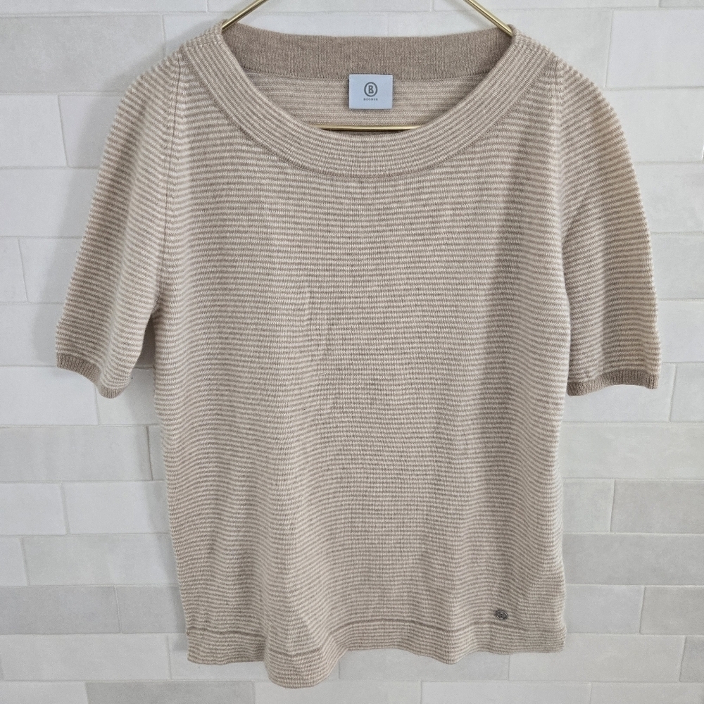 Bogner 100% Cashmere Wool Knit Short-Sleeve Striped Sweater Top Beige Cream Tan